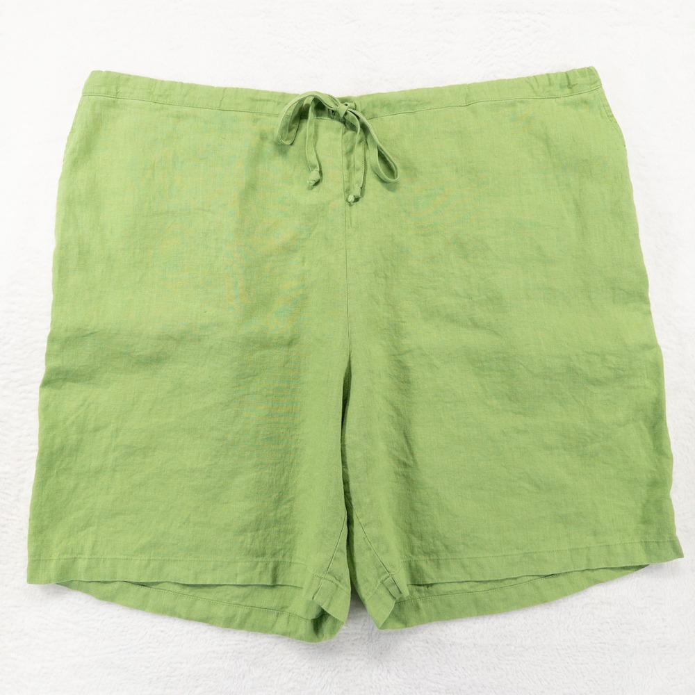 FLAX Womens Linen Shorts 1G Green Drawstring Elastic Waist Casual Lagenlook